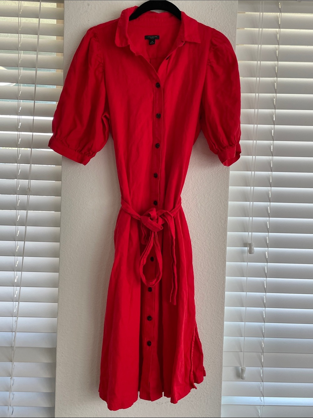 Ann Taylor Red Button-Front Petite Midi Shirt Dress with Tie Waist